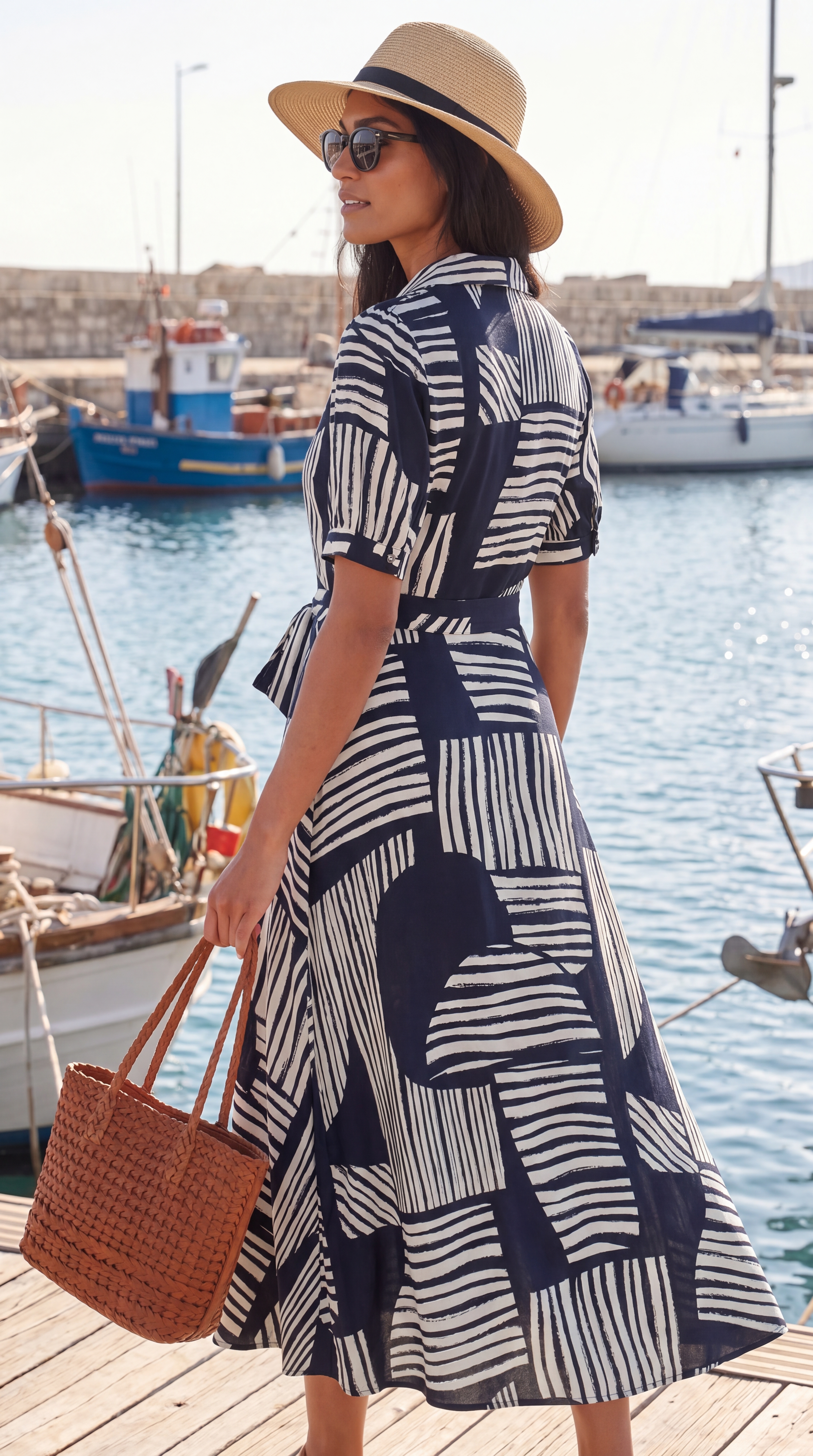 Dámske maxi košeľové šaty s geometrickým vzorom ZABAIONE AZURA NAVY BLUE s.WEAR 22